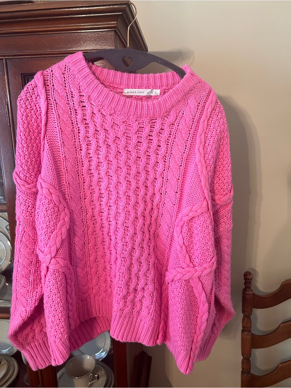 Altar'd State Hot Pink Cable Knit Crewneck Sweater